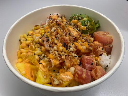 3 Scoop Poke Bowl - White Rice, Ahi Tuna, Crabmeat, Corn, Pineapple, Citrus Ponzu Sauce, Sesame Oil & Spicy Mayo