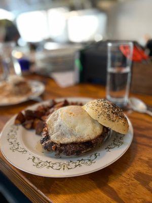 Burger with egg and onion jam