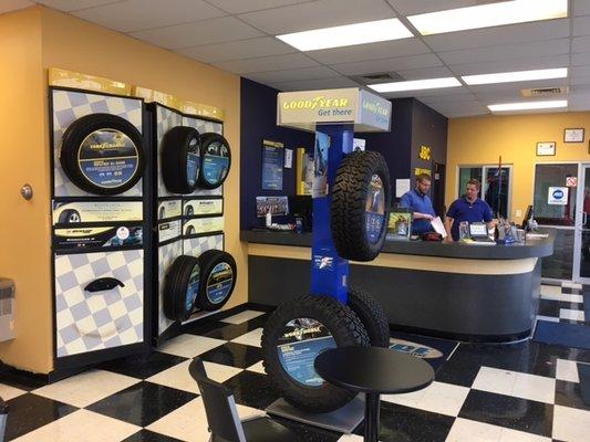 Clean Waiting Area-Coffee and Wi-Fi; Goodyear Tires, Goodyear Wiper Blades, BG Products, AC/Delco Car Battery on display. Springfield, MO.