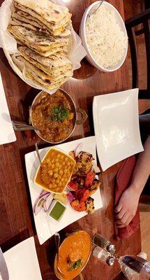 bread basket, lamb vindaloo, (Tiranga Chicken and butter chicken