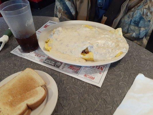 Huge omelette with gravy.