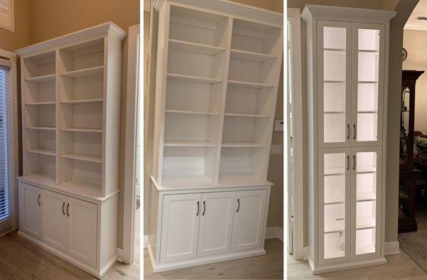 Made to Order for Your Space! Real Wood Built-In Display Case and Bookcases with Adjustable Shelves shown in Solid Bright White on Maple