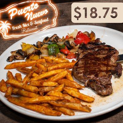 Ribeye steak Juicy steak served with crunchy french fries or a steamy soft baked potato and a delicious garden salad.