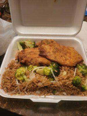 Shrimp egg foo young with broccoli fried rice 7/24/24