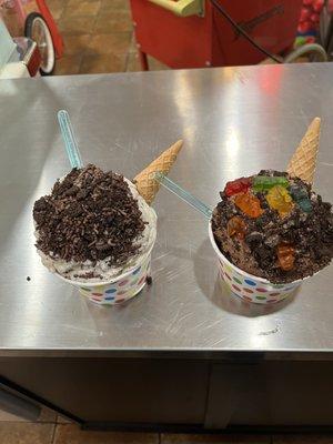 Medium - Cookies & Cream with mint chip and chocolate sprinkles. Chocolate and pecan with Oreo and gummy bears. wafer cone included.