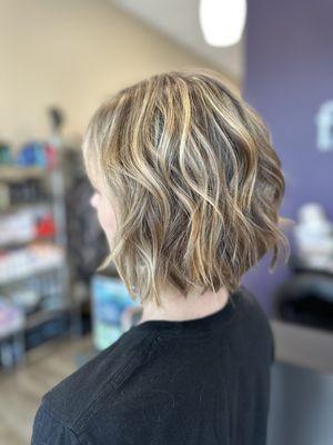 Layered Bob Haircut by Annie 
Highlights by Annie & Amanda