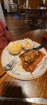 Stuffed pork chop, Janices slaw and baked mac/cheese