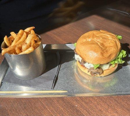 Bacon, Swiss Hamburger with side of fries. My husband enjoyed his lunch.