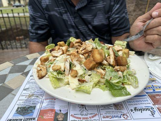 Large chicken Caesar salad with fresh grated Parmesan.