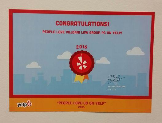 2016 YELP Award for Excellent Customer Service