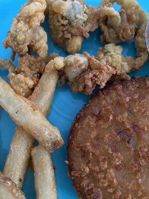 Fried clams and clam cake.