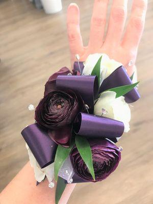 Deep purple ranunculus and white spray roses - another custom design!