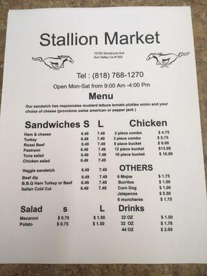 Sandwich and food menu