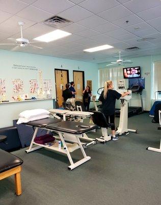 PT and or PT assistants work one-on-one with patients.  They make sure you are doing it right.