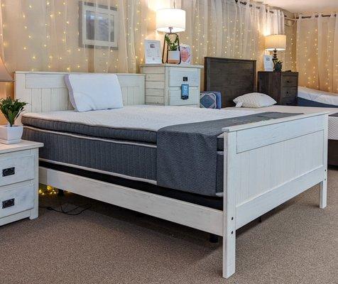 Latex Hybrid mattress on an adjustable base with a solid wood, made in USA bed frame