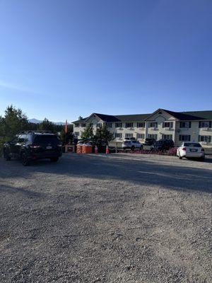 Parking lot - entrance is beyond the orange cones