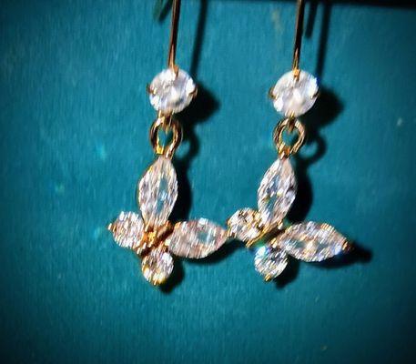 Micropave Butterfly earrings on 18K gold posts with cubic  icons at base