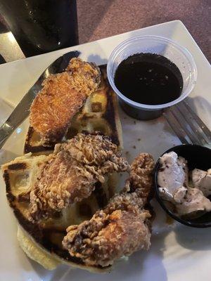 $19 chicken and waffles. Funny thing, only one side burnt and they didn't even think to put that side down in the plate!