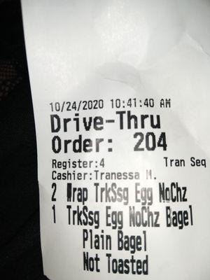 Receipt showing the order but coffee was on separate receipt