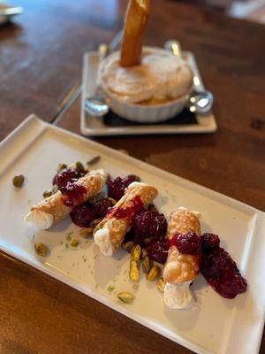 Pistachio cannolis and butterscotch budino