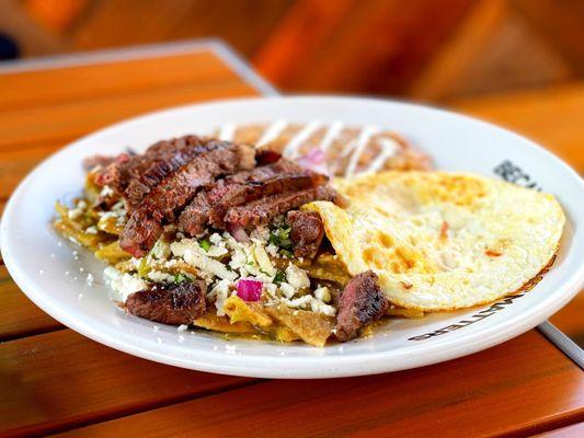 Steak and Eggs Green Salsa Chilaquiles