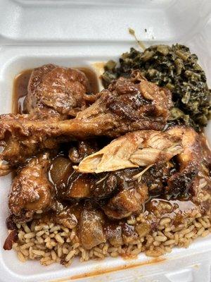 Stew chicken, greens, rice and peas