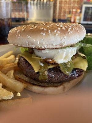 Mesquite wood fired burger with added hatch chilis.