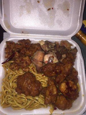 3 item combo. Love the Chow mien & spicy chicken but not so much bourbon chicken  & general t'so chicken