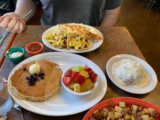 Breakfast tacos too. Blueberry pancake, One Biscuit & Gravy, and fruit cup