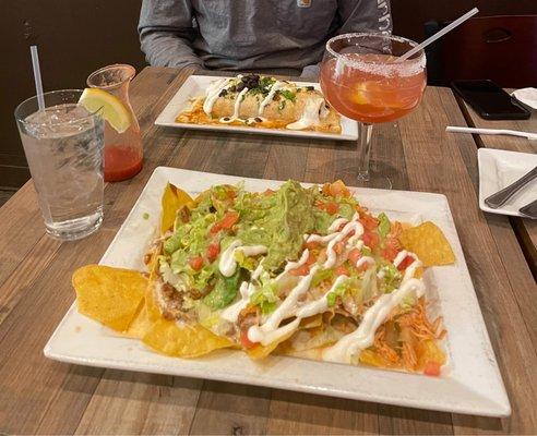 Nachos + guacamole, burrito and margarita