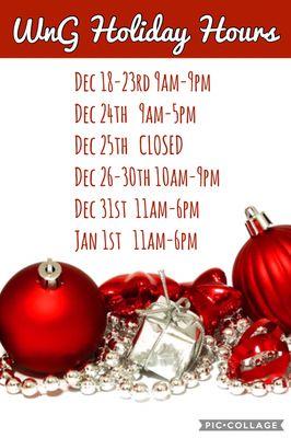 Our hours for the Holiday Season! Stop by and play!