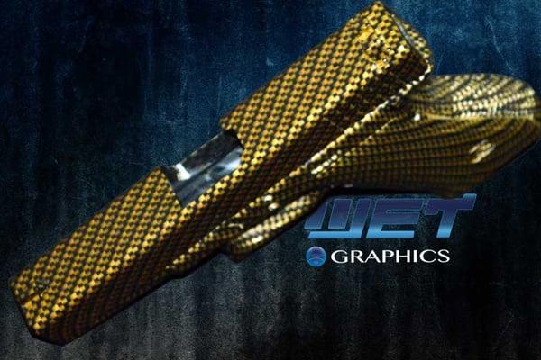 Glock 21 Pistol Customized in Black and Gold Carbon Fiber Hydrographics