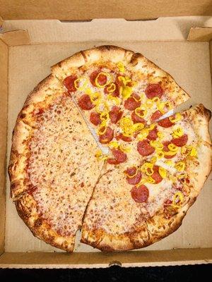 Pizza w/ half pepperoni & banana peppers, half cheese