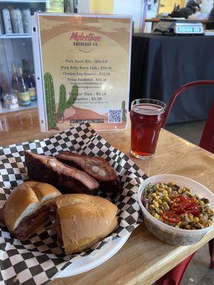 Tri tip sando, spare ribs and esquite with a beer