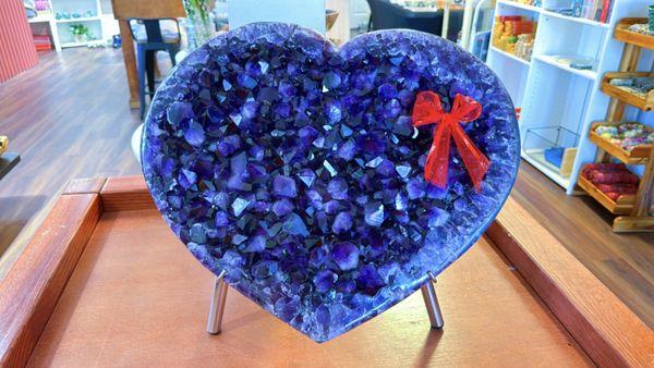 High Grade XXL Amethyst Geode Heart Carving with Purple Moss Agate Back - Statement Piece with Stand