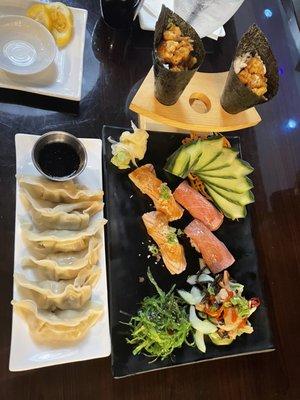 Dumplings, Spicy Tako salad, Cucumber salad, Salmon Sushi, Toro (tuna belly) sushi