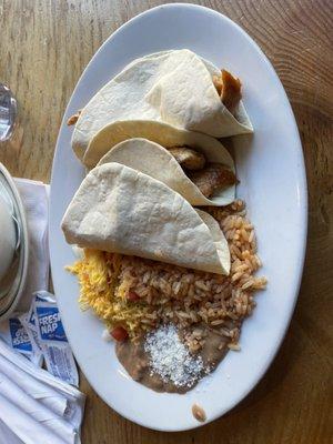 Chipotle grilled chicken (soft) tacos with rice and beans