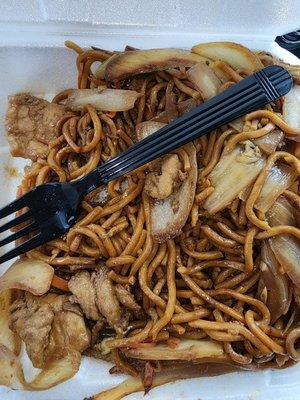 Chicken Lo Mein. I didn't like it. The noodles were too big, too mushy and too waxy with the gummy sauce.