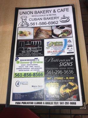 Front of menu with advertising