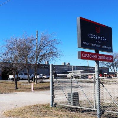 Coremark Metals customer entrance and parking lot is located on Hicks Field Rd E.