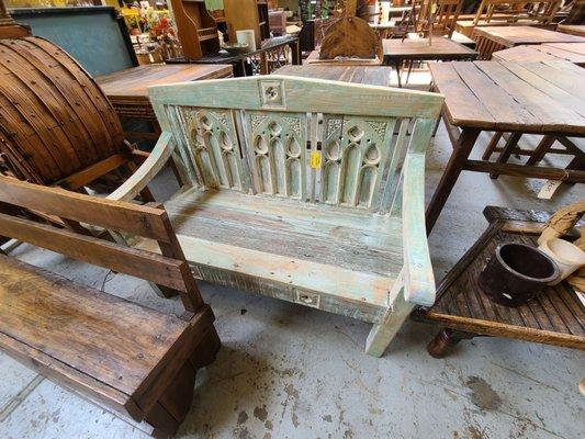 Reporposed Indian doors made into bench, several in a white color, this was the only one in this beautiful green