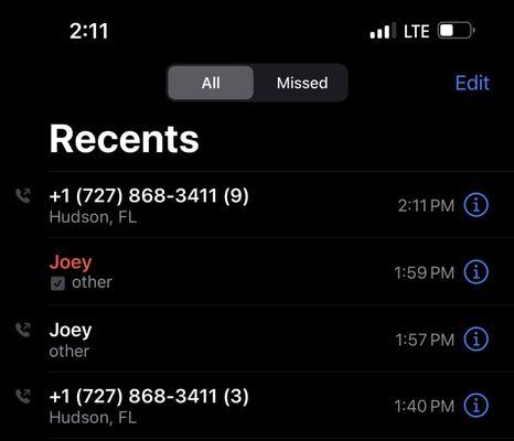 12 calls with no answer or return call.