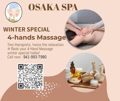 Winter Special 4-hands Massage

Two therapists, twice the relaxation.  Book your 4-Hand Massage Winter Special today!

Call now: 941-99