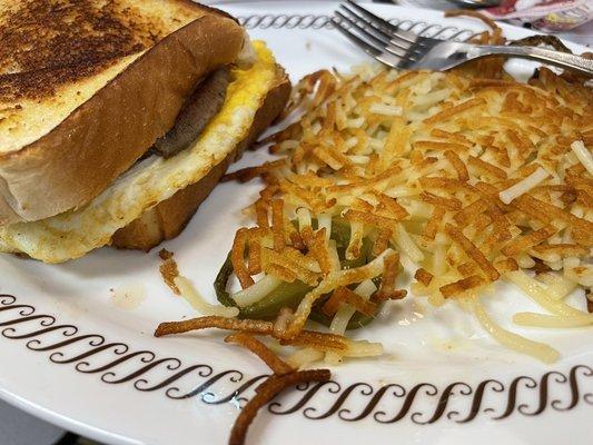 Sausage Egg and Cheese Texas Melt with hash browns (with jalapeño)