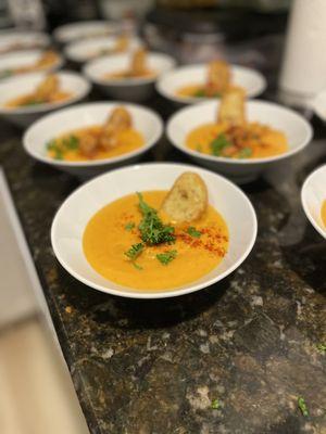 Butternut squash bisque, lobster chunks