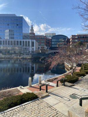 Waterplace basin on the Riverwalk, looking over towards the Providence Place Mall.