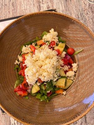 Chopped Salad with luscious tomatoes, zucchini, red peppers, onions, carrots, cucumbers, crumbled fontina in a light dressing