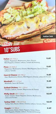 10" SUBS Menu