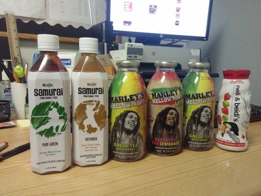 Noyu Samurai functional teas, Marley's mellow mood green tea's w/ honey and Neli & beidi's strawberry coconut H2 0