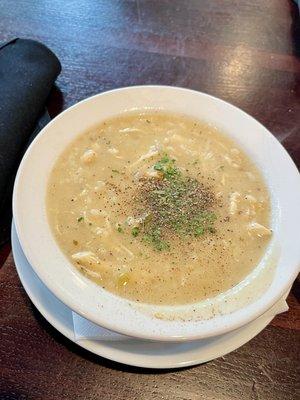 Avgolemono (GF) Traditional lemony chicken and rice soup.